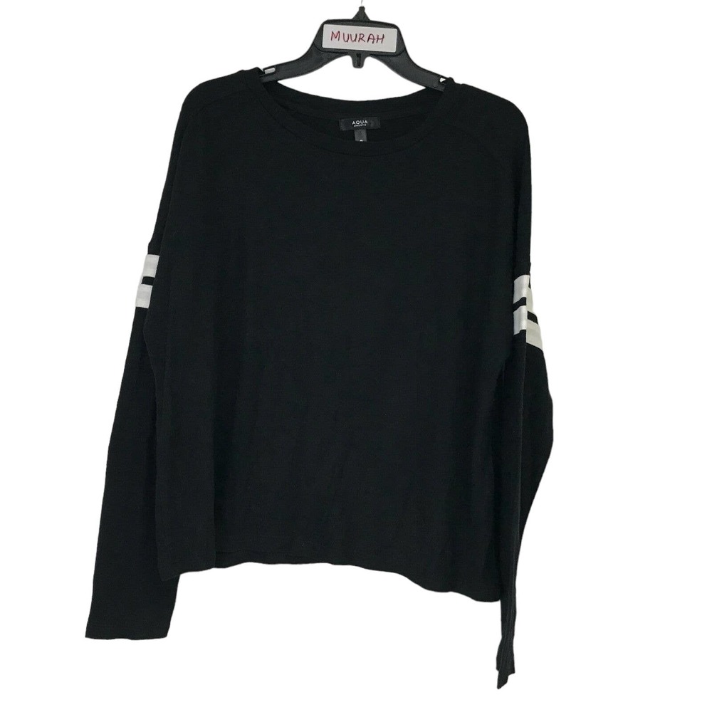 Aqua Athletic Womens Black Stripe Long Sleeve Knit Pullover Sweatshirt Sz M $68